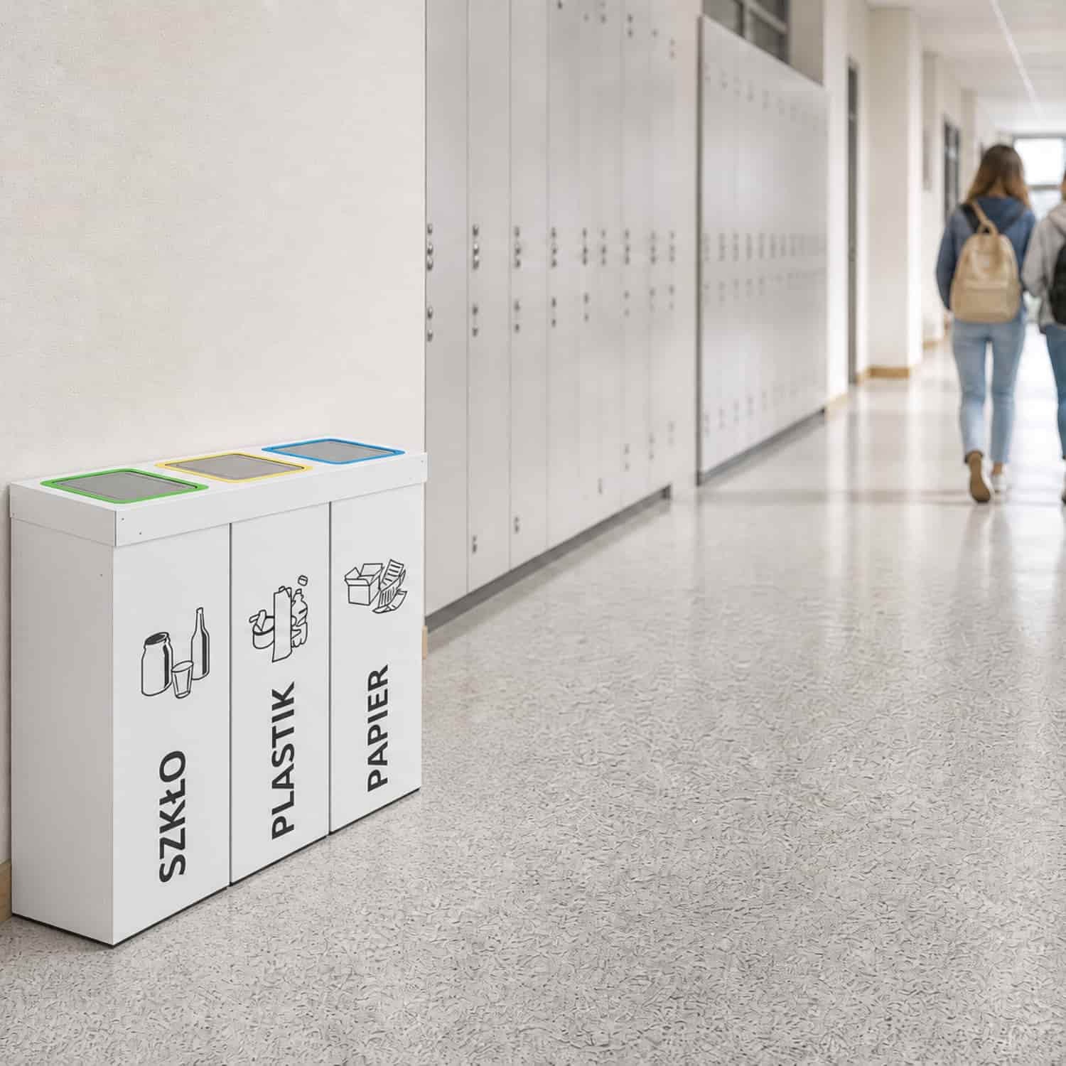 Kosz do segregacji DENEB 3 x 70 L ustawiony na szkolnym korytarzu &ndash; estetyczny pojemnik do segregacji odpad&oacute;w dla plac&oacute;wek edukacyjnych.