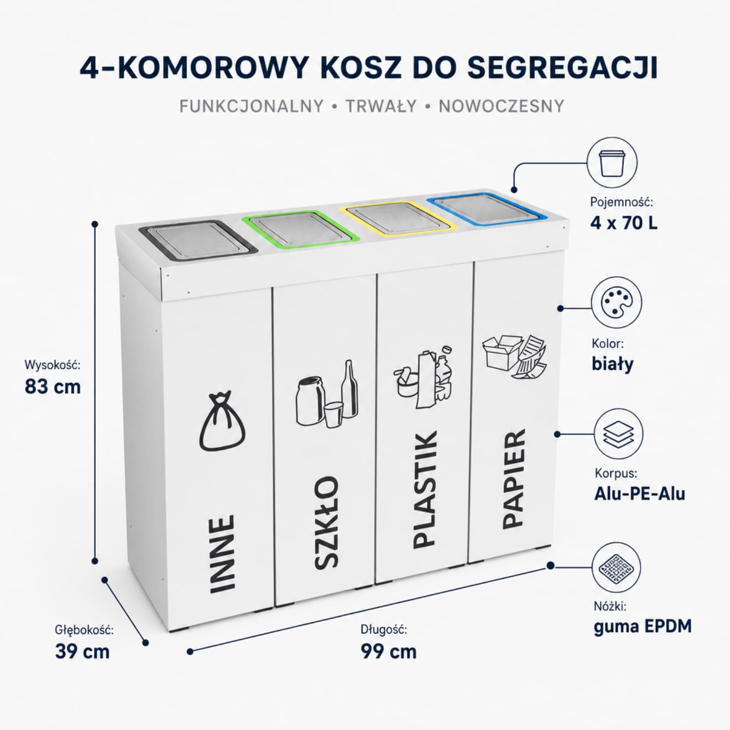 4-komorowy kosz do segregacji DENEB 4 &times; 70 L &ndash; wymiary, pojemność i dane techniczne.