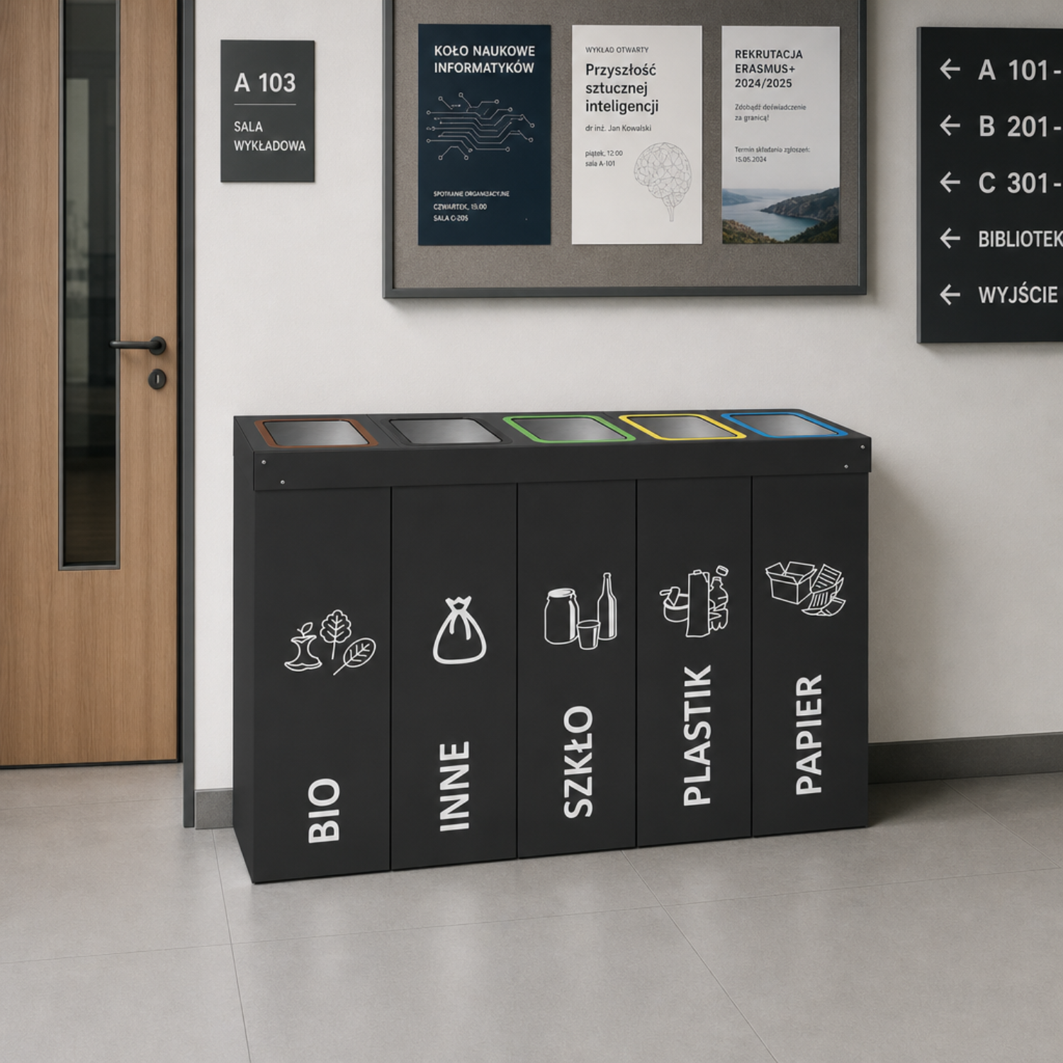 Pięciokomorowy kosz do segregacji DENEB 5 x 70 L na uczelni &ndash; kosz do recyklingu do budynk&oacute;w edukacyjnych