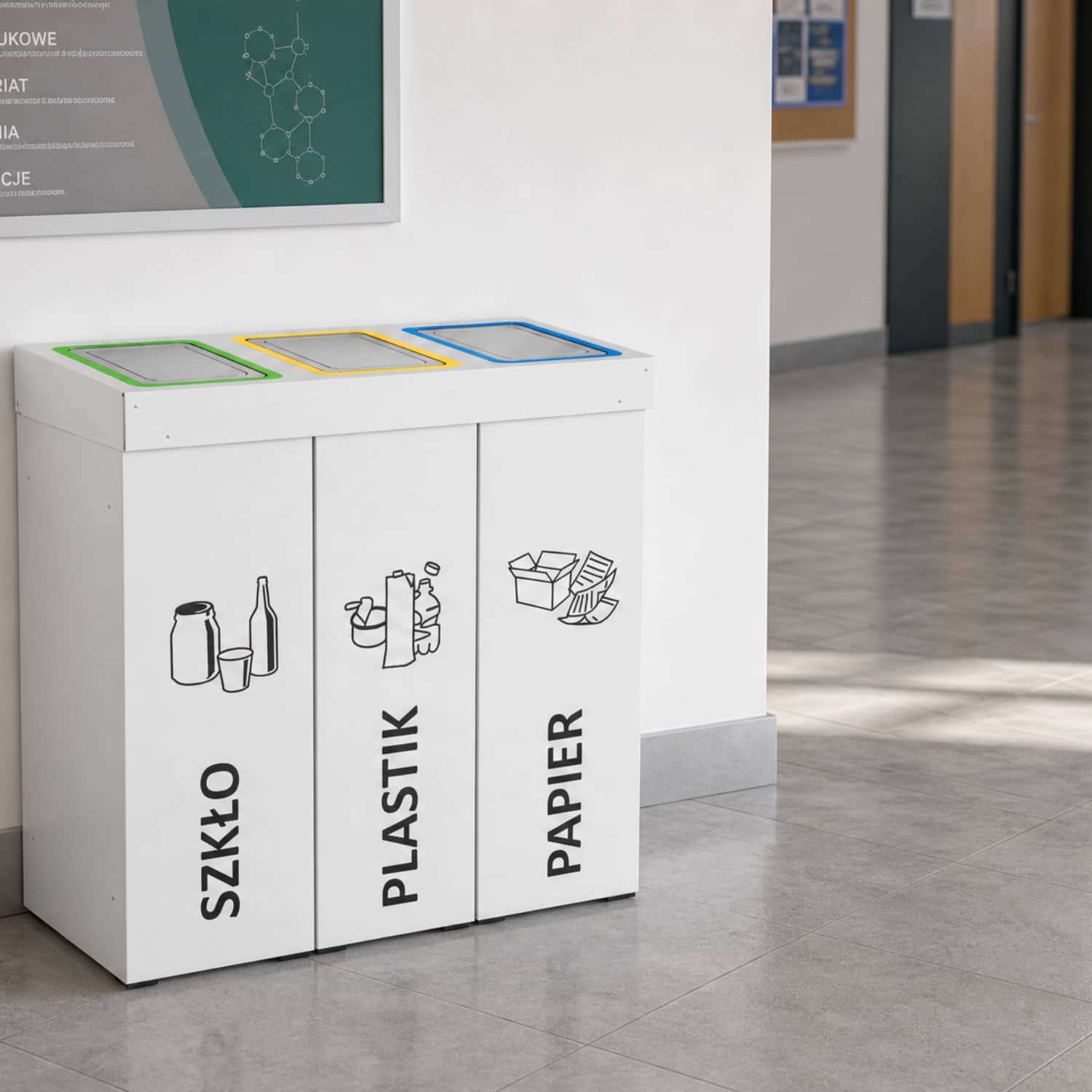 Kosz do segregacji DENEB 3 x 70 L w budynku użyteczności publicznej &ndash; nowoczesny pojemnik do segregacji szkła, plastiku i papieru.