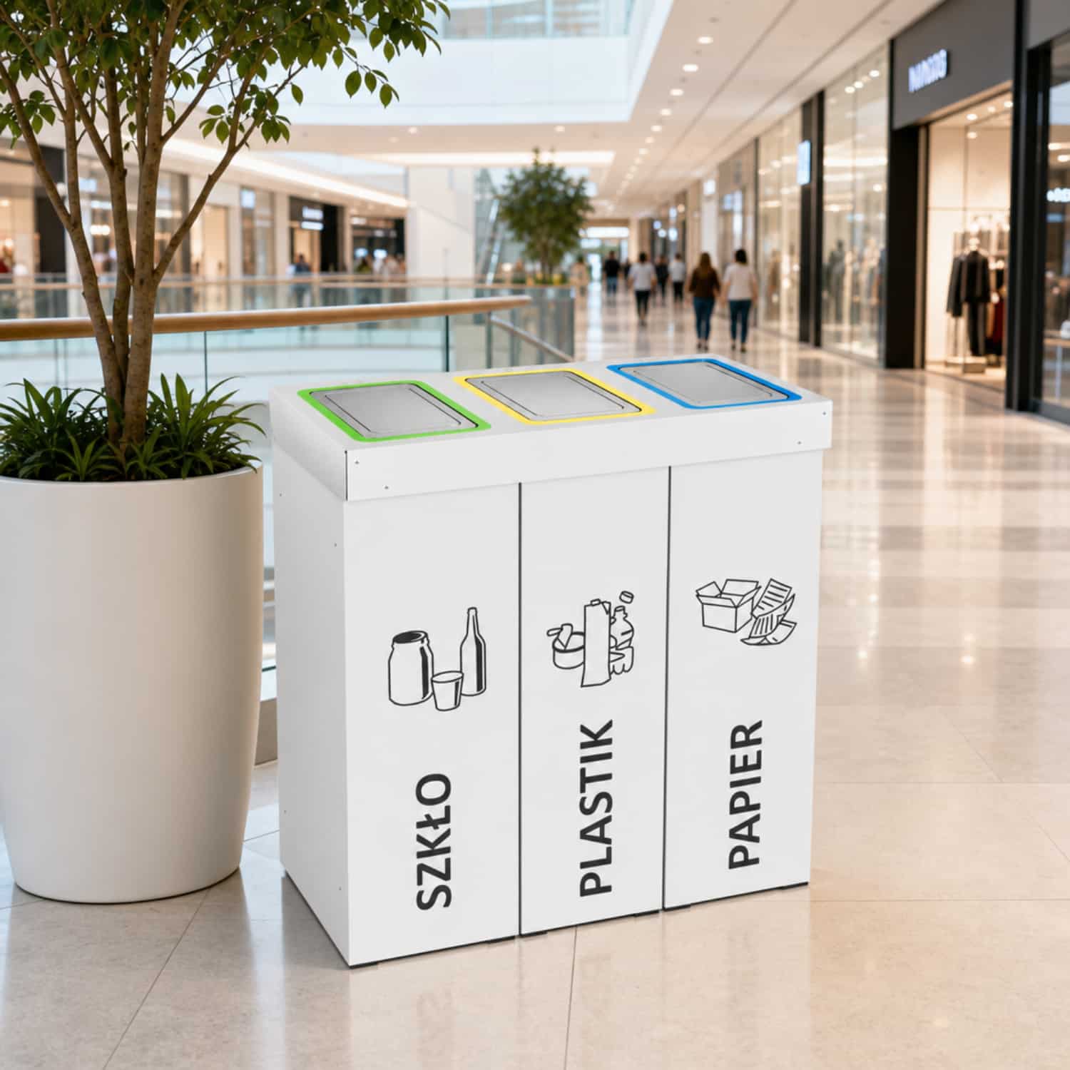 3-komorowy kosz do segregacji DENEB do galerii handlowych i przestrzeni publicznych.