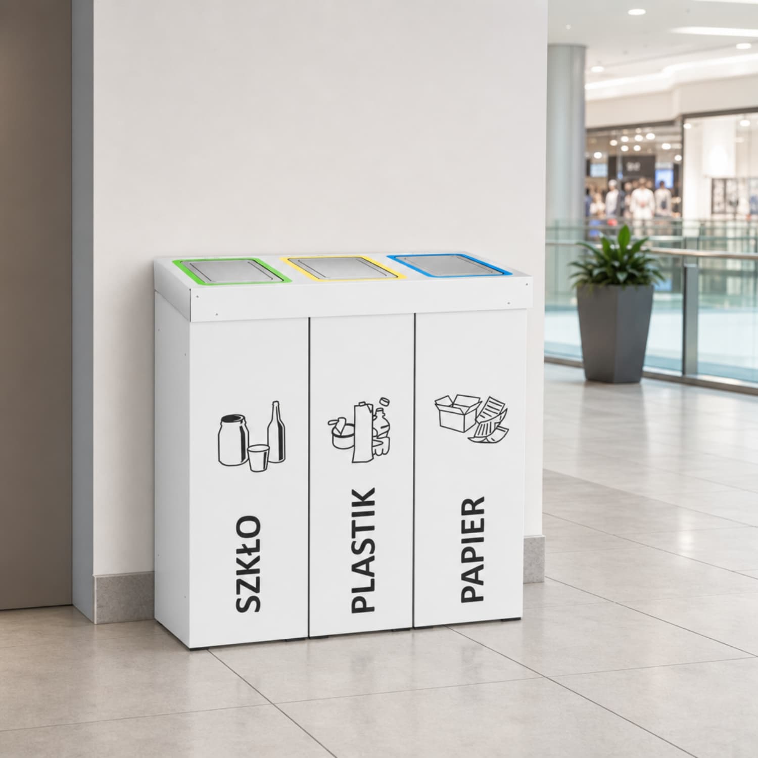 Kosz do segregacji DENEB 3 x 70 L w galerii handlowej &ndash; trwały pojemnik do segregacji odpad&oacute;w do obiekt&oacute;w komercyjnych i przestrzeni publicznych.