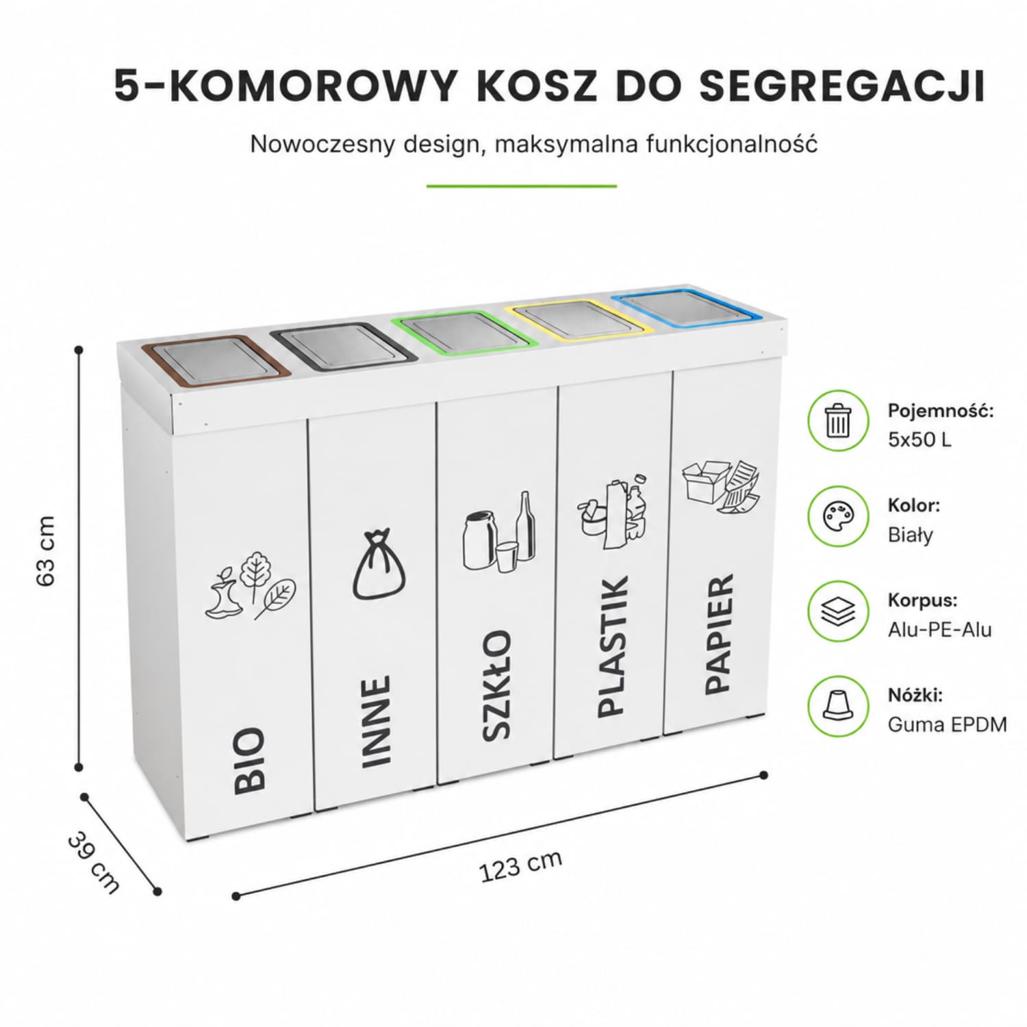 Infografika kosza do segregacji DENEB 5-komorowego z wymiarami, pojemnością 5 &times; 50 L oraz informacjami o materiałach i konstrukcji.
