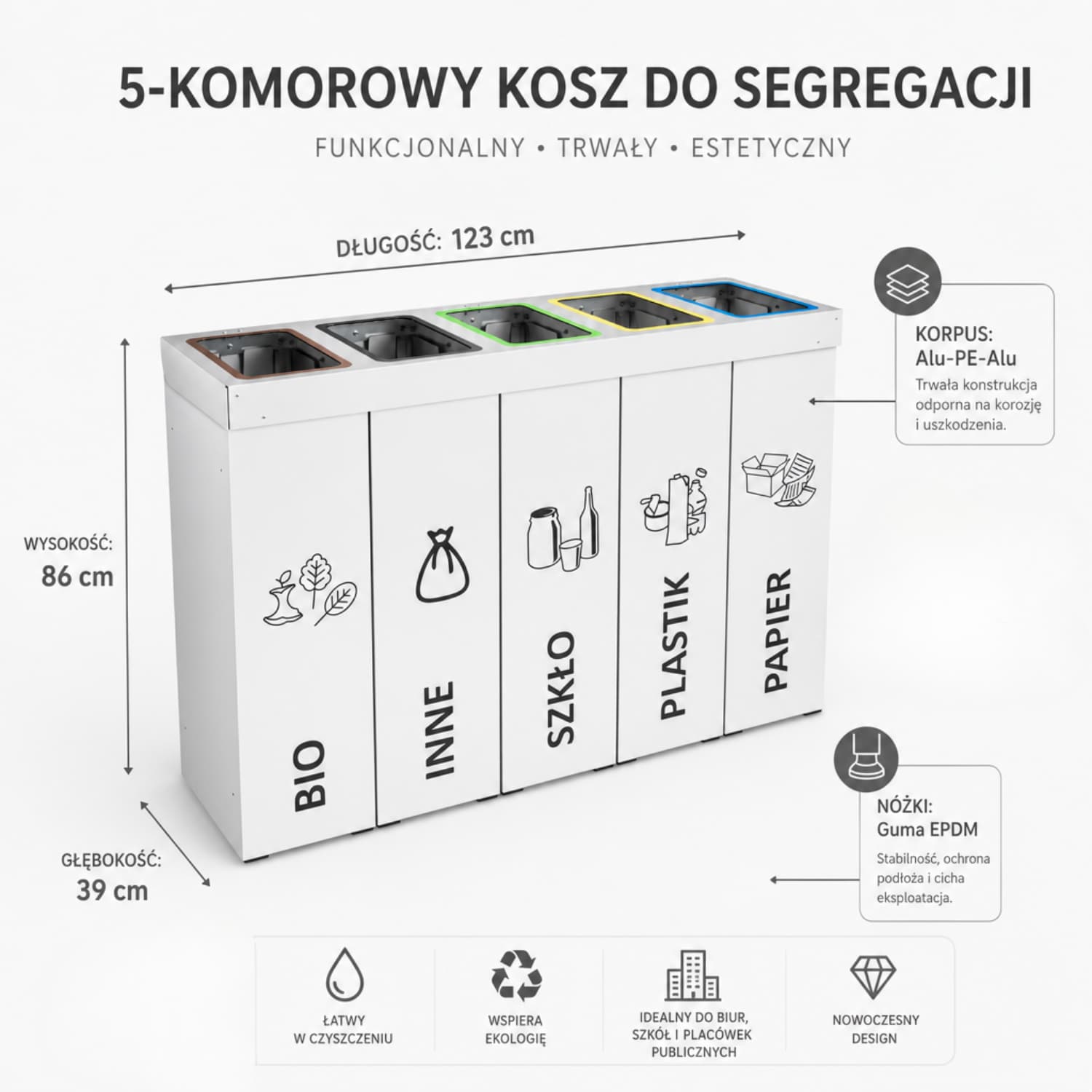 Infografika kosza do segregacji DENEB 5 x 50 L z wymiarami, materiałami i najważniejszymi cechami produktu.