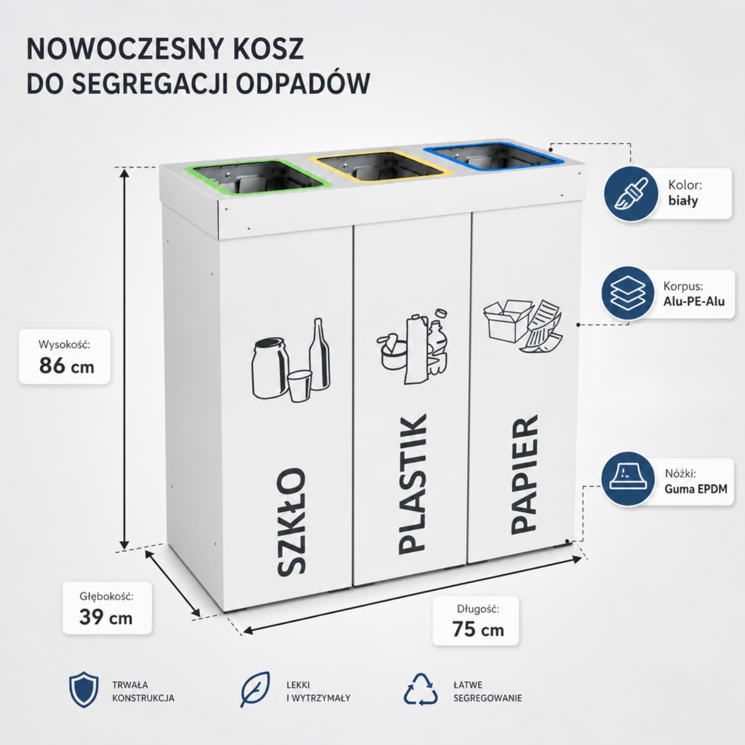 Infografika kosza do segregacji DENEB 3 x 70 L z wymiarami, materiałami oraz najważniejszymi cechami produktu.