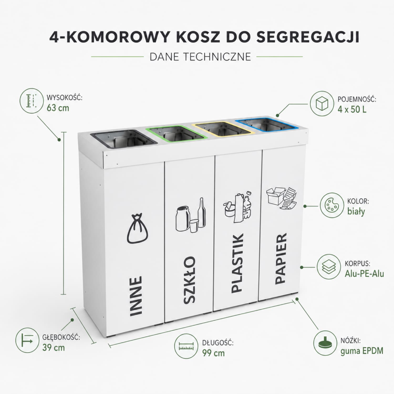 Kosz do segregacji 4-komorowy DENEB 4 &times; 50 L &ndash; biały pojemnik na odpady zmieszane, szkło, plastik i papier.