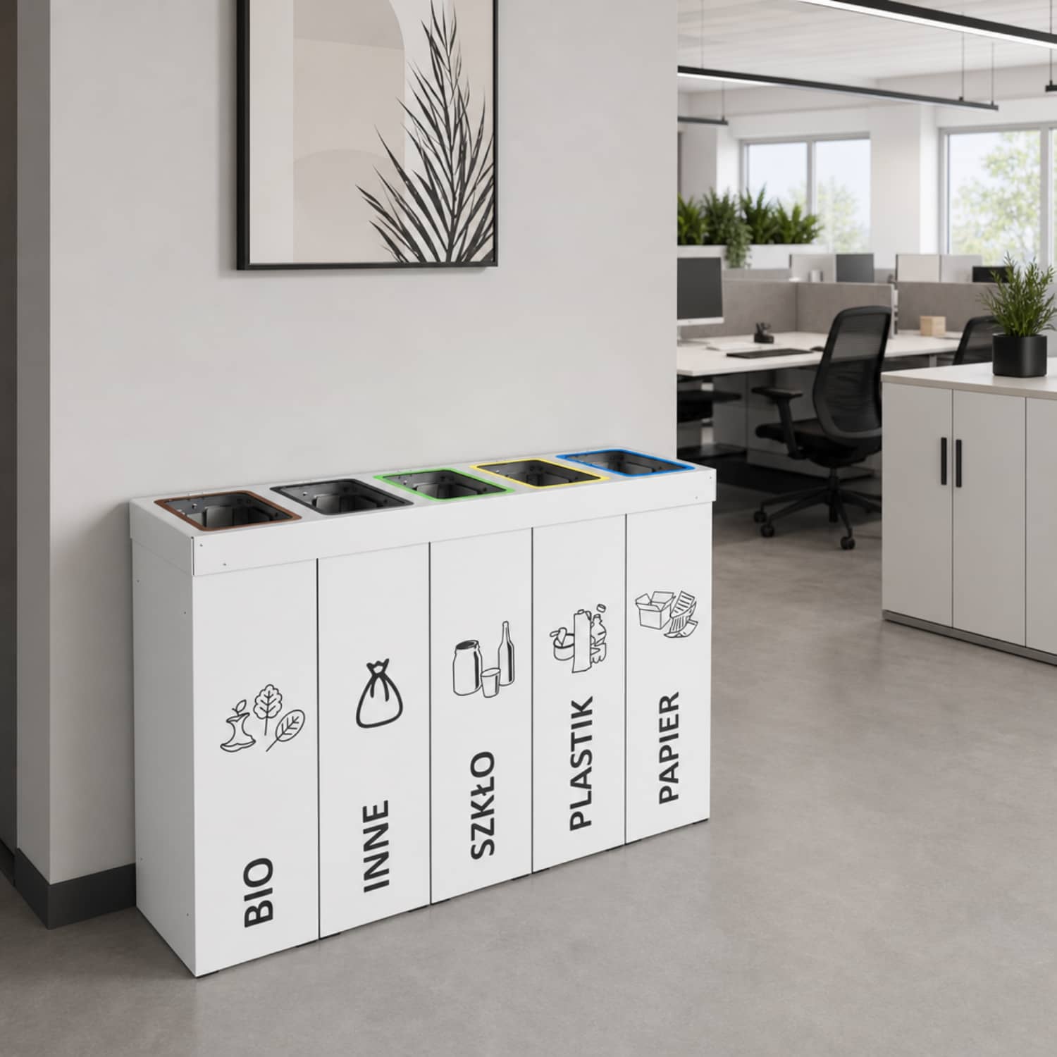 Kosz do segregacji DENEB 5 x 50 L w nowoczesnym biurze &ndash; elegancki pojemnik do segregacji odpad&oacute;w do przestrzeni komercyjnych.