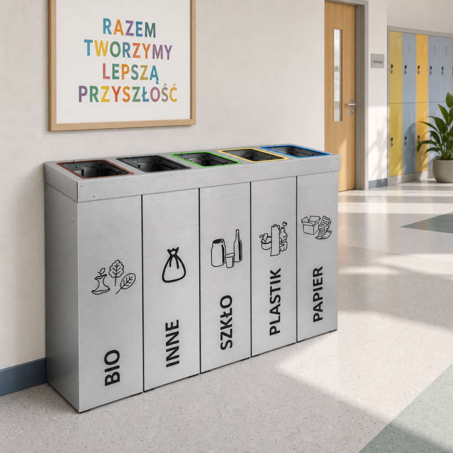 Kosz do segregacji DENEB 5 &times; 70 L na szkolnym korytarzu &ndash; pięciokomorowa stacja do segregacji odpad&oacute;w