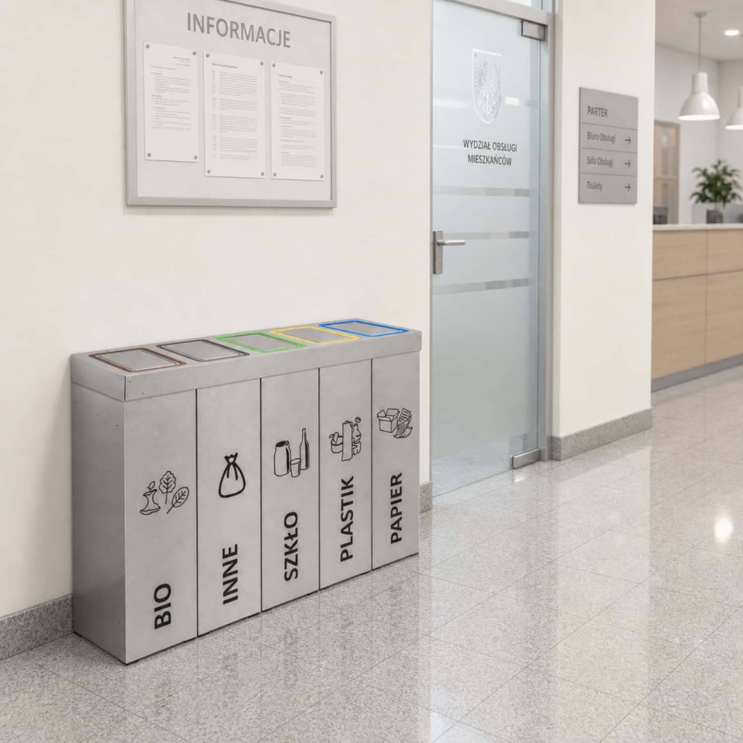 Stacja do segregacji odpad&oacute;w DENEB 5 &times; 50 L w urzędzie &ndash; pięciokomorowy kosz do selektywnej zbi&oacute;rki odpad&oacute;w