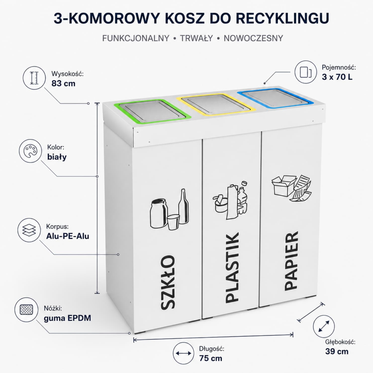 3-komorowy kosz do recyklingu DENEB 3 &times; 70 L z klapami wrzutowymi &ndash; dane techniczne i wymiary.