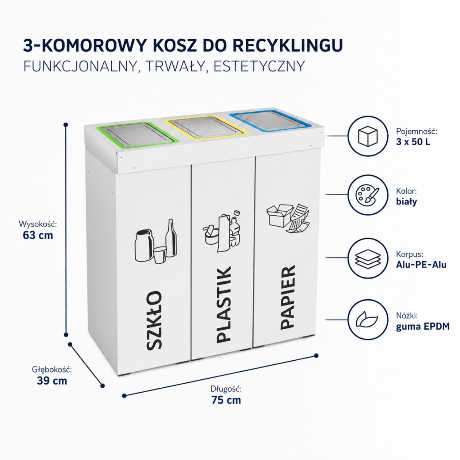 Infografika kosza do segregacji DENEB 3 x 70 L z wymiarami, pojemnością, materiałami wykonania oraz najważniejszymi cechami produktu.