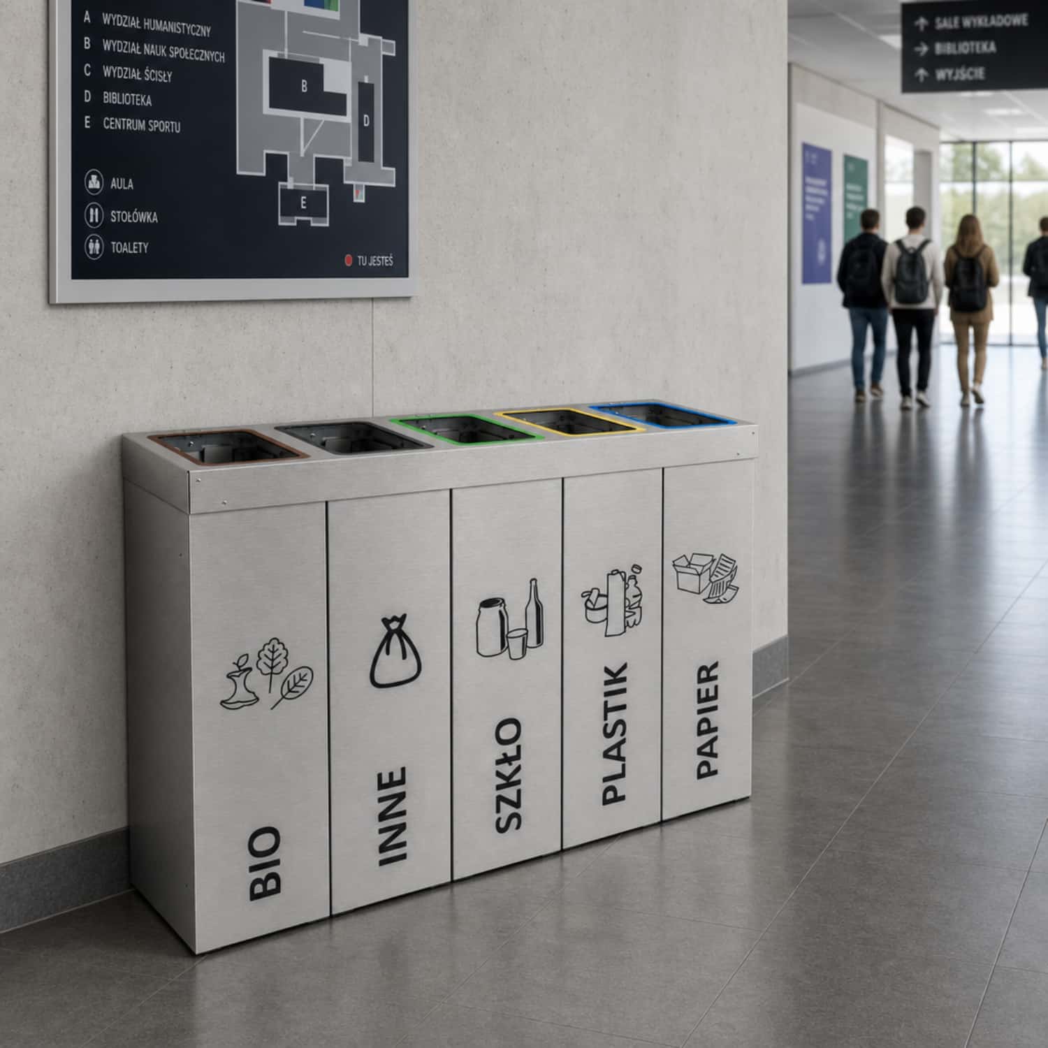 Kosz do segregacji odpad&oacute;w DENEB 5 x 50 L na uczelni &ndash; pięć kom&oacute;r na bio, inne, szkło, plastik i papier