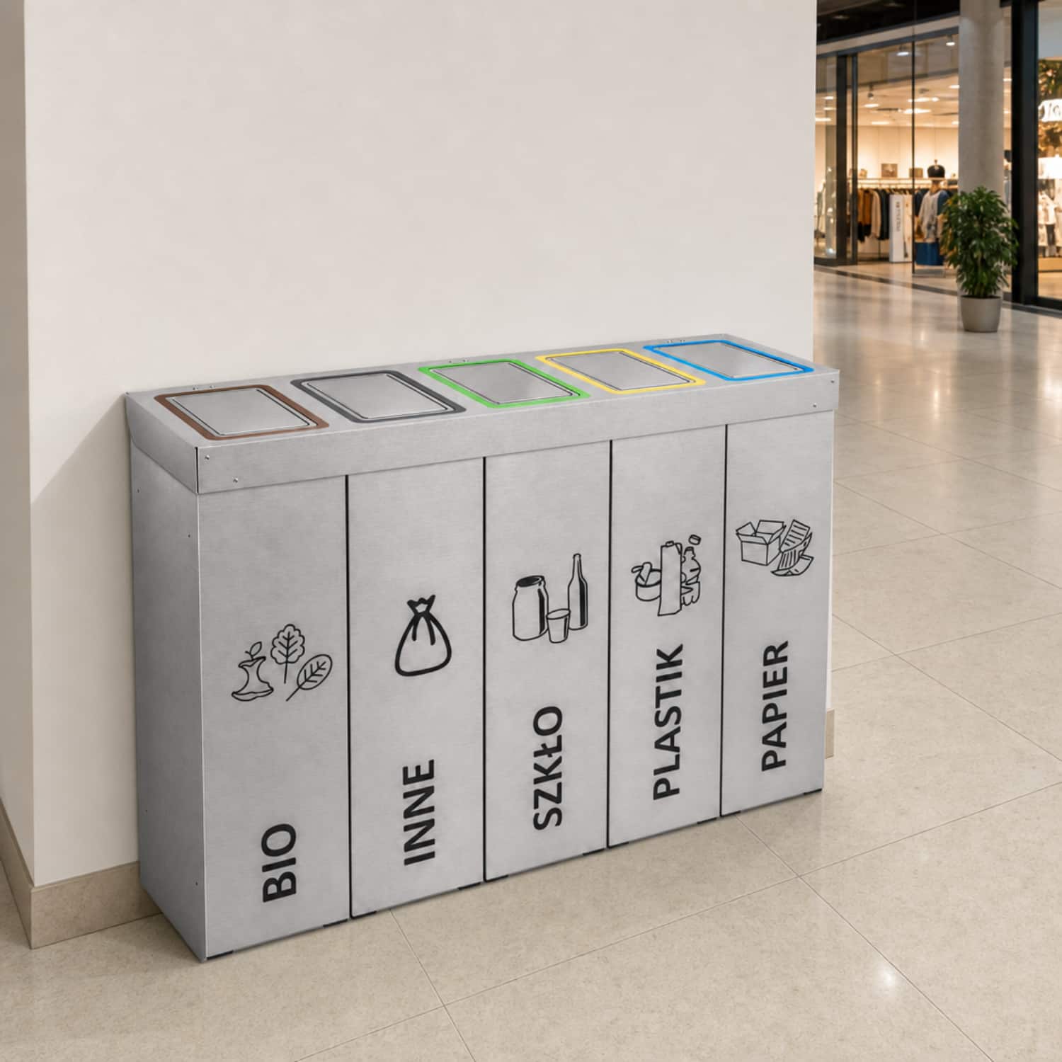 Kosz do segregacji DENEB 5 &times; 70 L z klapami w galerii handlowej &ndash; pięć pojemnik&oacute;w do selektywnej zbi&oacute;rki odpad&oacute;w