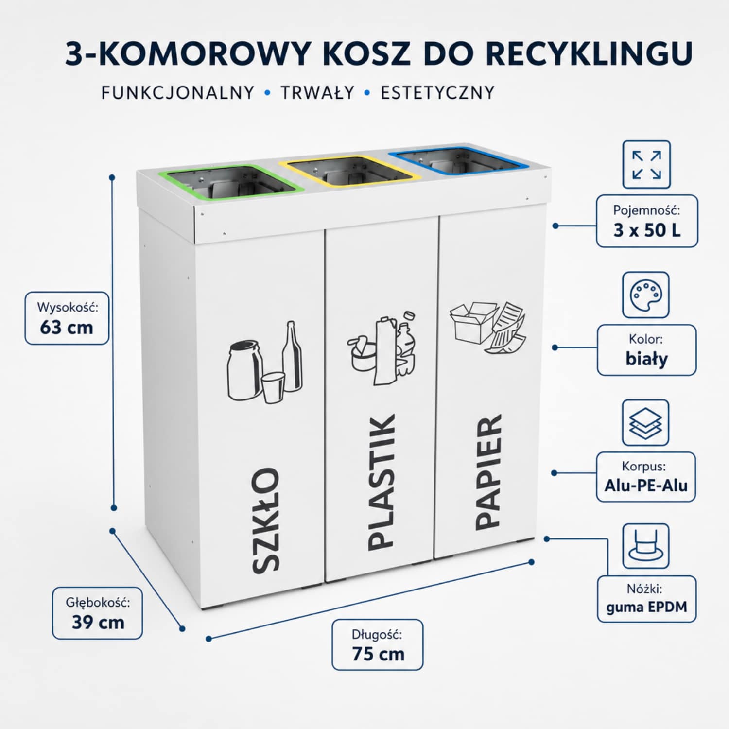 Kosz do segregacji 3-komorowy DENEB 3 &times; 50 L &ndash; biały pojemnik na szkło, plastik i papier.