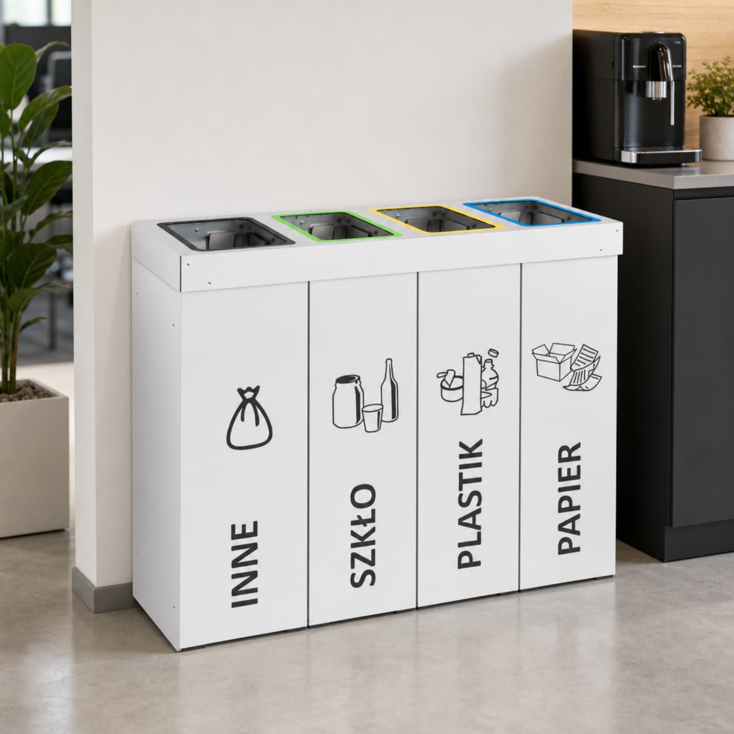Kosz do segregacji do biura DENEB &ndash; pojemnik na odpady zmieszane, szkło, plastik i papier.