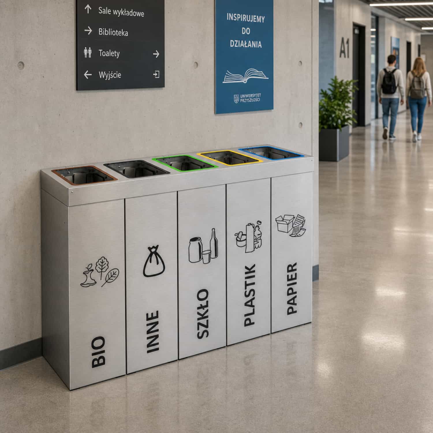 Pięciokomorowy kosz do segregacji DENEB 5 x 50 L w korytarzu uczelni &ndash; pojemnik do selektywnej zbi&oacute;rki odpad&oacute;w