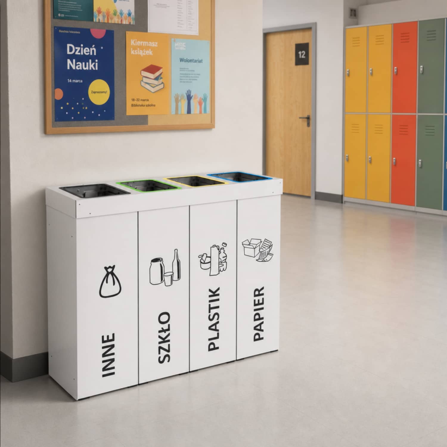 Kosz do segregacji DENEB 4 x 70 L w szkolnym korytarzu &ndash; nowoczesny pojemnik do segregacji odpad&oacute;w do szk&oacute;ł i plac&oacute;wek edukacyjnych.