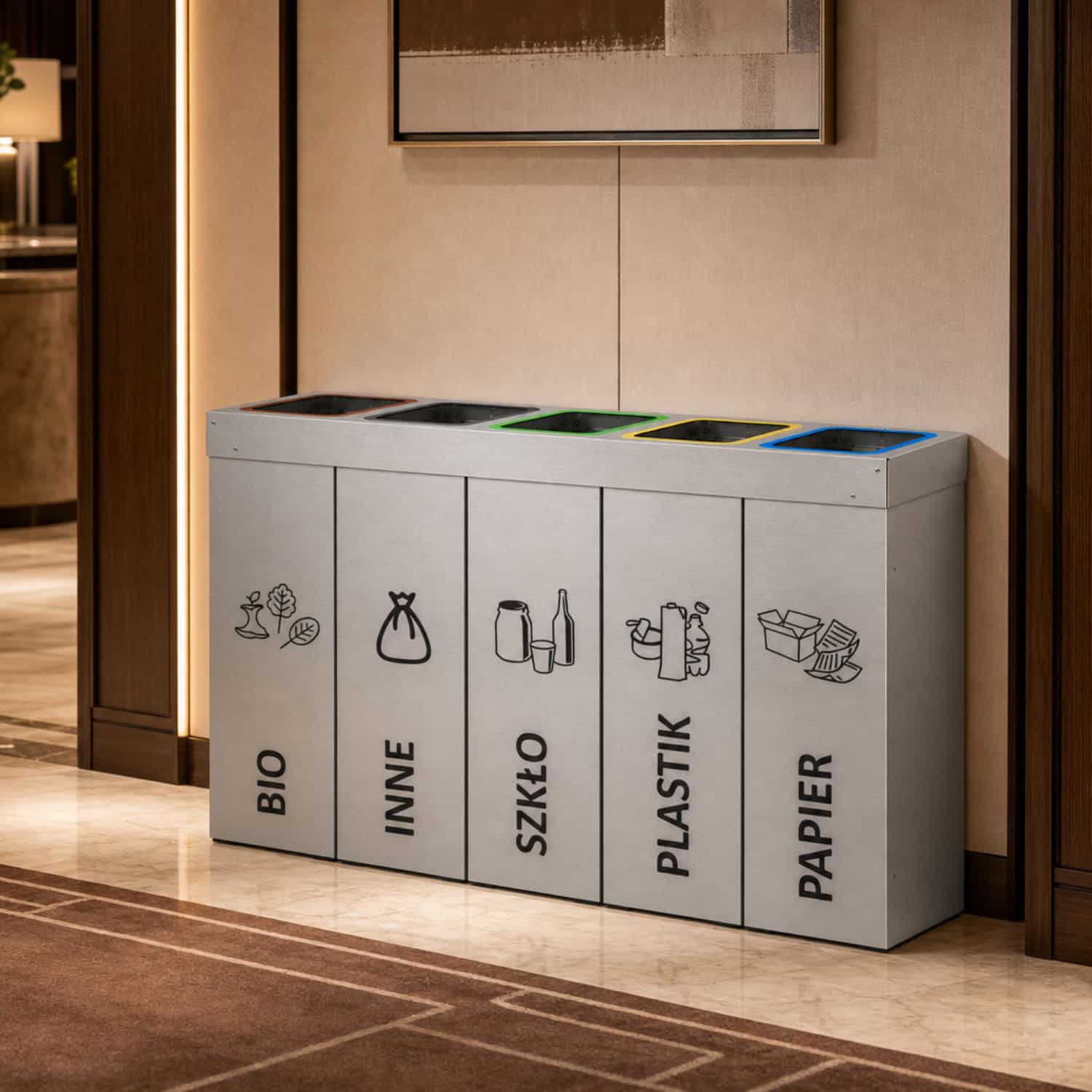 Kosz do segregacji DENEB 5 x 50 L w nowoczesnym wnętrzu &ndash; pięć pojemnik&oacute;w na bio, inne, szkło, plastik i papier